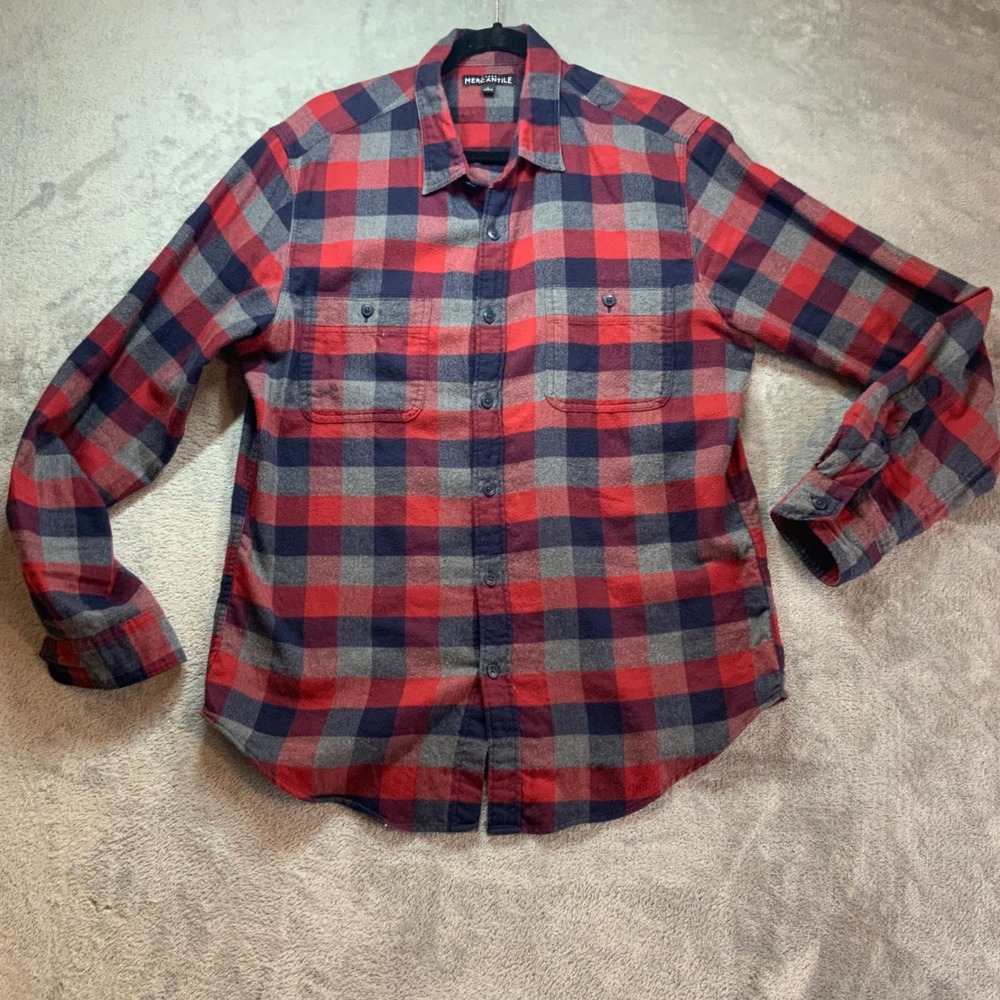 J.Crew Mercantile Mens Red Navy Blue Plaid Flannel Button Down Shirt Large L
